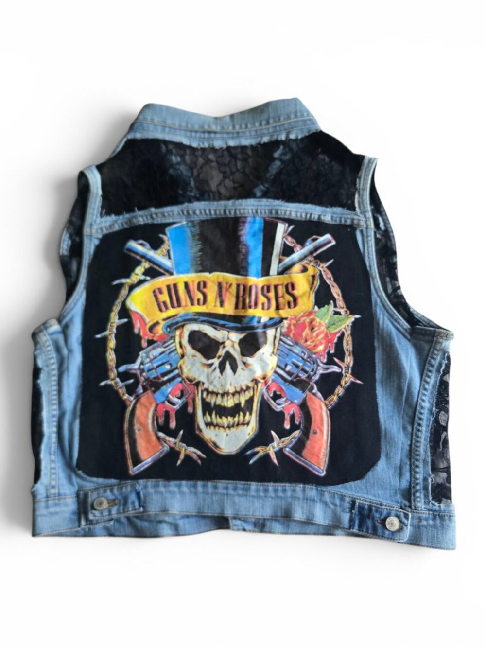 Custom Made Women's Denim Vest | Guns N Roses Band Tee | Size XL | Hand-made